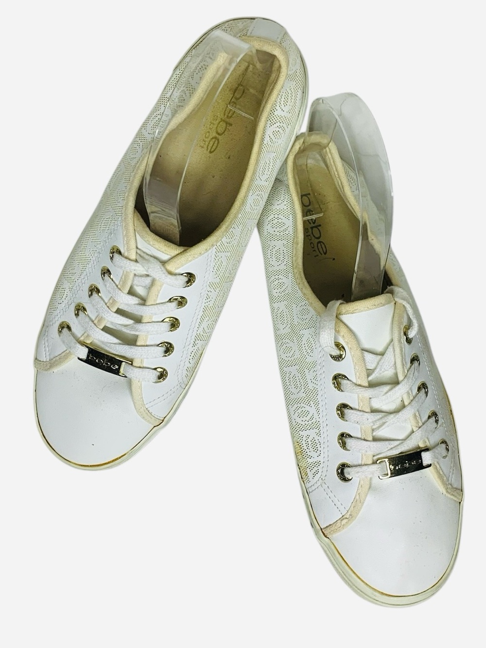 Bebe Dane-L White Gold Monogram Lace Up Sneakers Sz 9.5